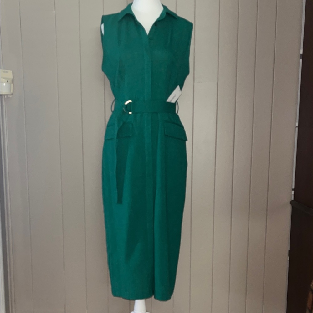NWT - Calvin Klein Green Belted Midi Dress - Size 6